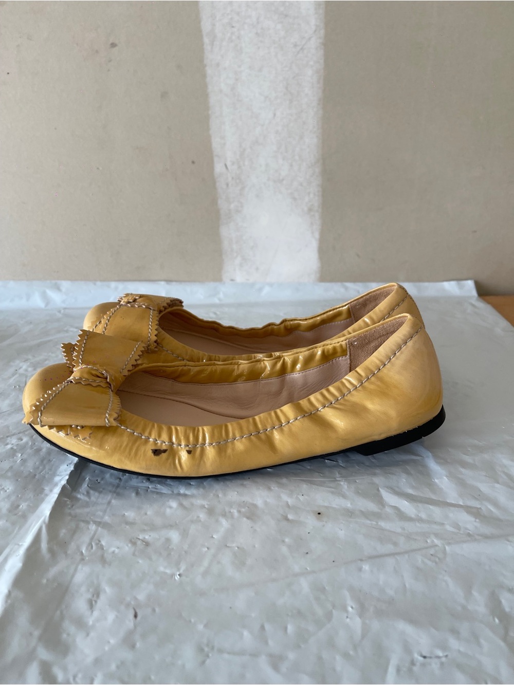 Prada Mustard Yellow Leather Bow Flats 37 - Picture 5 of 6